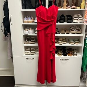 Betsy & Adam Red Strapless Gown